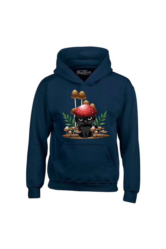 Men's Mushroom Cat Cottagecore Hooded Sweatshirt Hoodie Large Navy