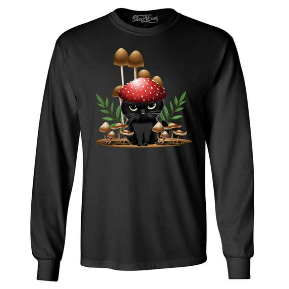 Shop4Ever Men's Mushroom Cat Cottagecore Long Sleeve Shirt 2XL Black