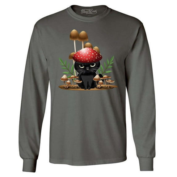 Shop4Ever Men's Mushroom Cat Cottagecore Long Sleeve Shirt XXX-Large Charcoal