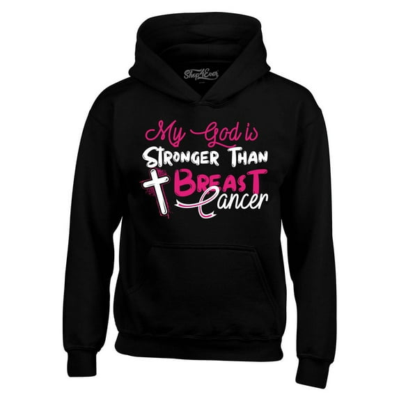 Shop4Ever Men's My God is Stronger Than Breast Cancer Hooded Sweatshirt Hoodie Large Black