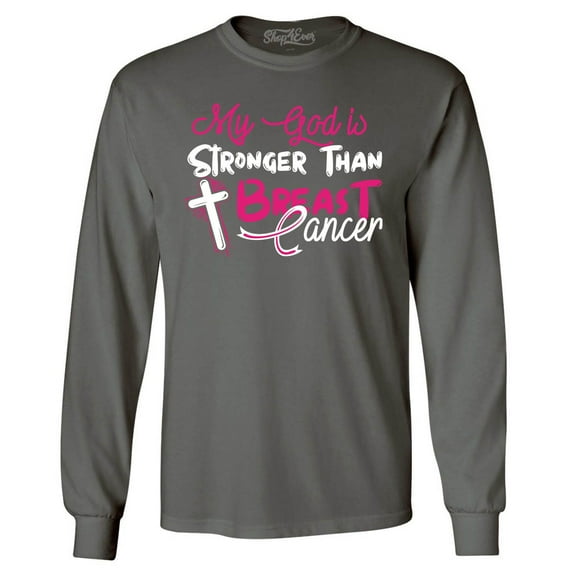 Shop4Ever Men's My God is Stronger Than Breast Cancer Long Sleeve Shirt Large Charcoal
