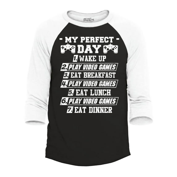 Shop4Ever Men's My Perfect Day Video Games Gamer Raglan Baseball Shirt Medium Black/White