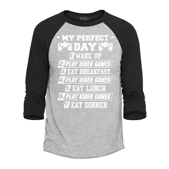Shop4Ever Men's My Perfect Day Video Games Gamer  Raglan Baseball Shirt Small Heather Grey/Black