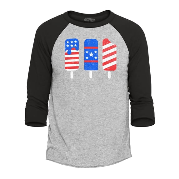 Shop4Ever Men's Patriotic Popsicles Ice Cream 4th of July Raglan Baseball Shirt Large Heather Grey/Black