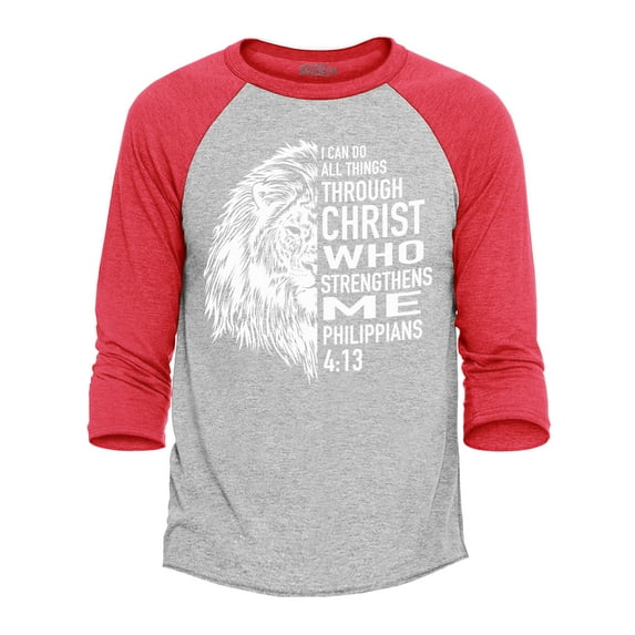 Shop4Ever Men's Philippians 4:13 Lion Verse I Can Do All Things Through Christ Raglan Baseball Shirt XXX-Large Heather Grey/Red