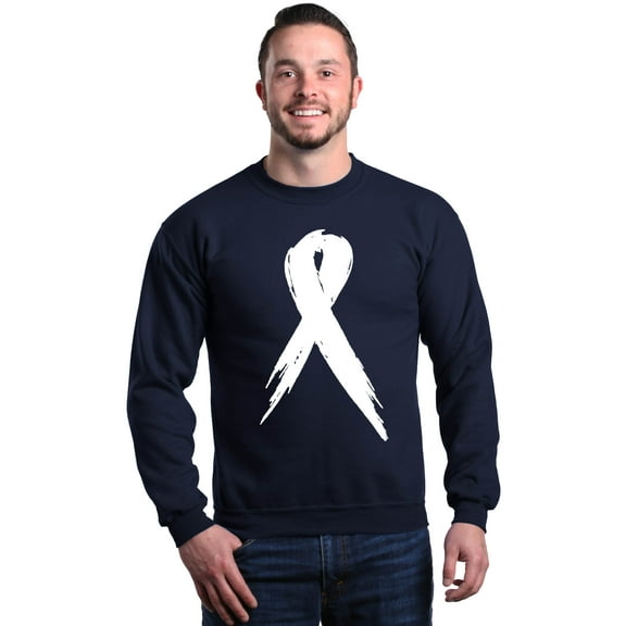 Shop4Ever Men's Pink Breast Cancer Awareness White Ribbon Crewneck Sweatshirt Large Navy