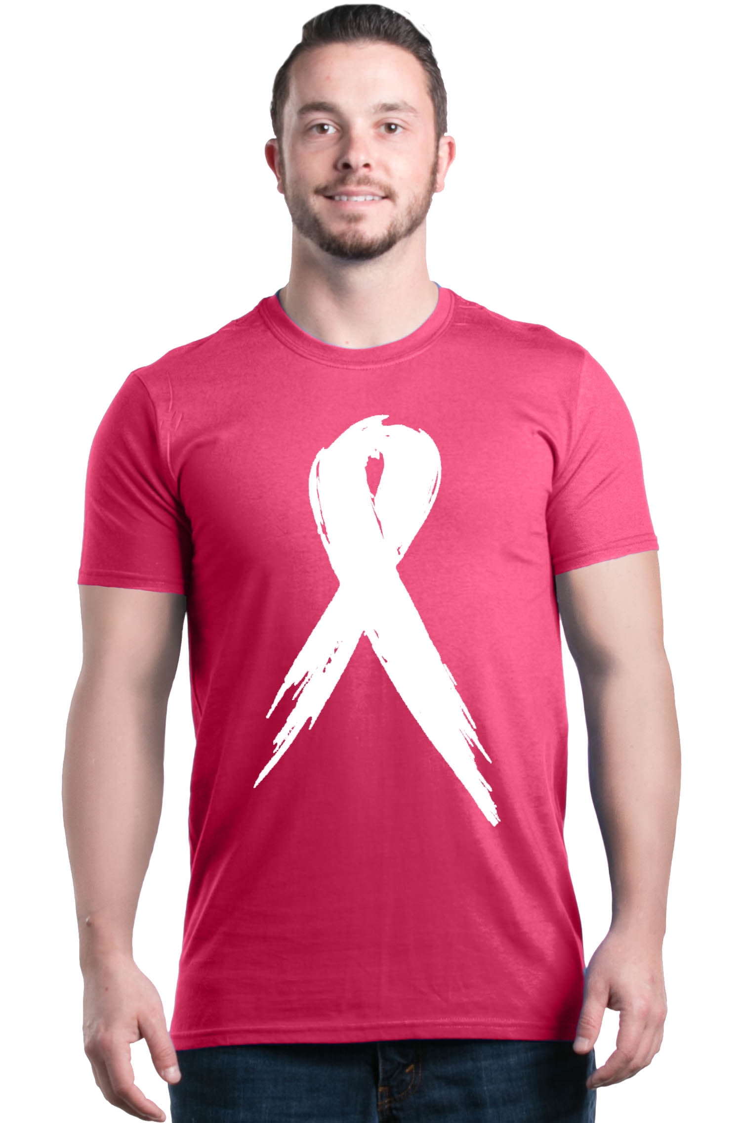 Shop4Ever Men's Pink Breast Cancer Awareness White Ribbon Graphic T ...