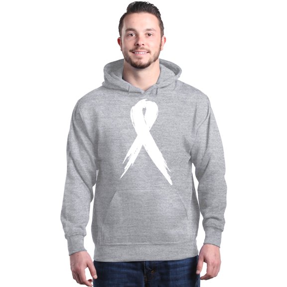 Shop4Ever Men's Pink Breast Cancer Awareness White Ribbon Hooded Sweatshirt Hoodie Small Sports Grey