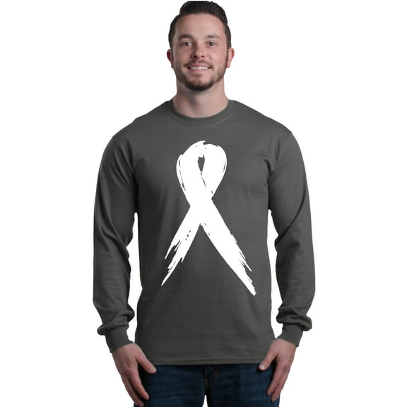 Shop4Ever Men's Pink Breast Cancer Awareness White Ribbon Long Sleeve Shirt Large Charcoal