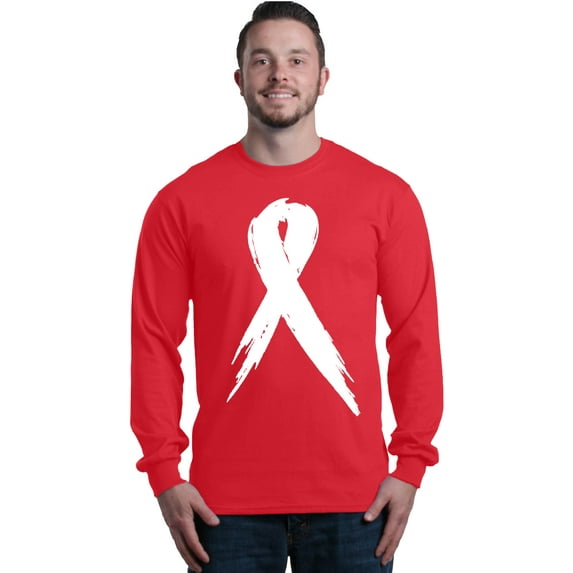 Shop4Ever Men's Pink Breast Cancer Awareness White Ribbon Long Sleeve Shirt Large Red