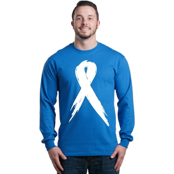 Shop4Ever Men's Pink Breast Cancer Awareness White Ribbon Long Sleeve Shirt Medium Royal Blue