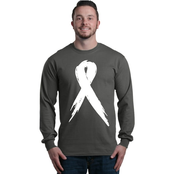 Shop4Ever Men's Pink Breast Cancer Awareness White Ribbon Long Sleeve Shirt X-Large Charcoal