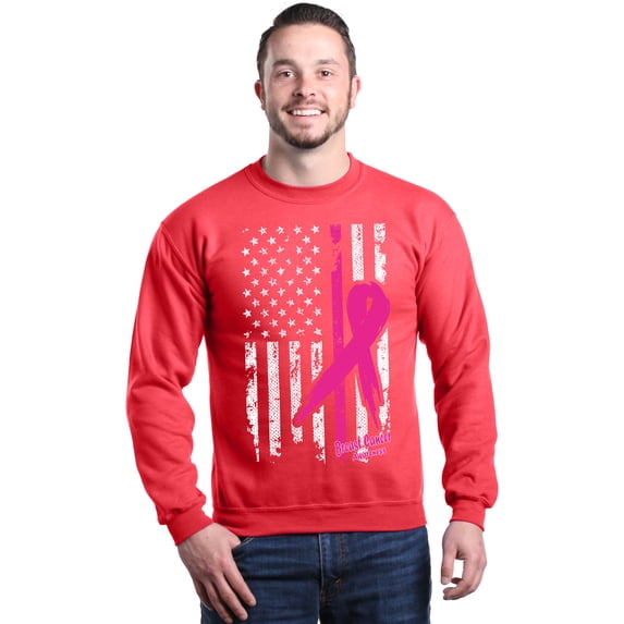 Shop4Ever Men's Pink Breast Cancer Ribbon American Flag Crewneck Sweatshirt Large Red