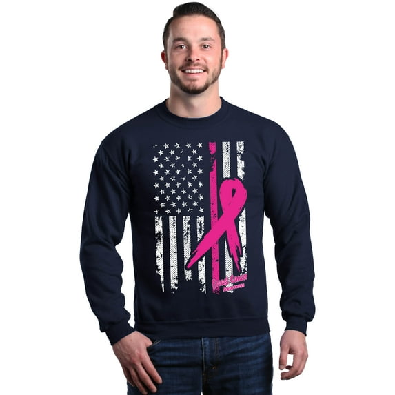Shop4Ever Men's Pink Breast Cancer Ribbon American Flag Crewneck Sweatshirt Small Navy