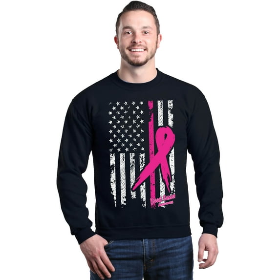 Shop4Ever Men's Pink Breast Cancer Ribbon American Flag Crewneck Sweatshirt XXX-Large Black
