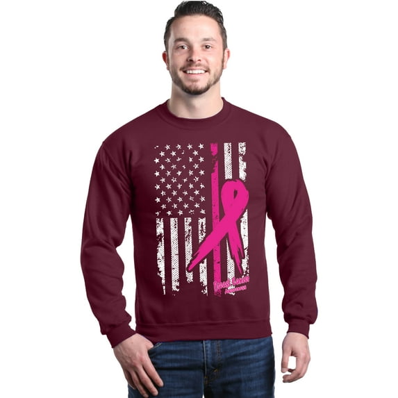 Shop4Ever Men's Pink Breast Cancer Ribbon American Flag Crewneck Sweatshirt XXX-Large Maroon
