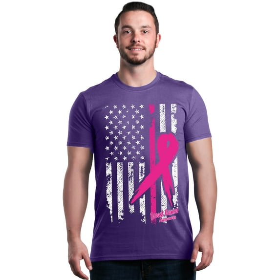 Shop4Ever Men's Pink Breast Cancer Ribbon American Flag Graphic T-shirt Large Purple