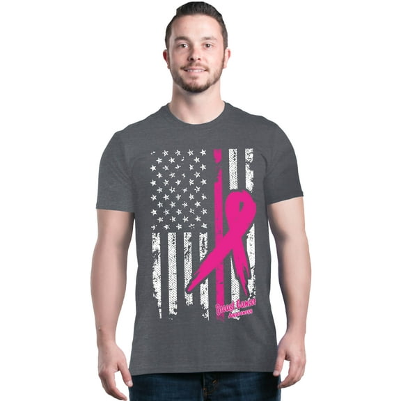 Shop4Ever Men's Pink Breast Cancer Ribbon American Flag Graphic T-shirt Small Dark Heather