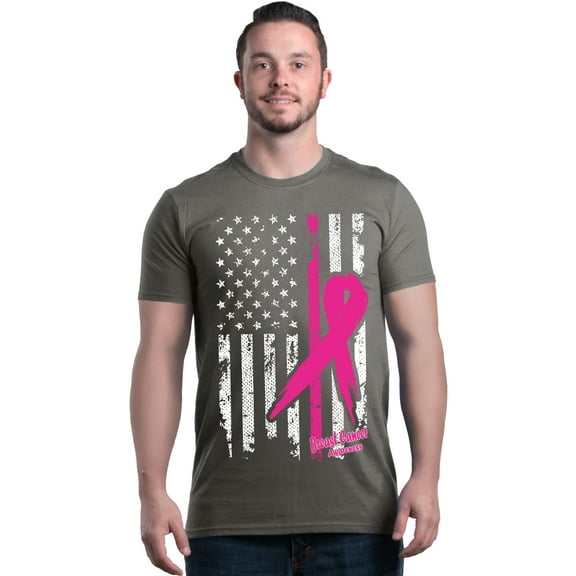 Shop4Ever Men's Pink Breast Cancer Ribbon American Flag Graphic T-shirt X-Large Charcoal