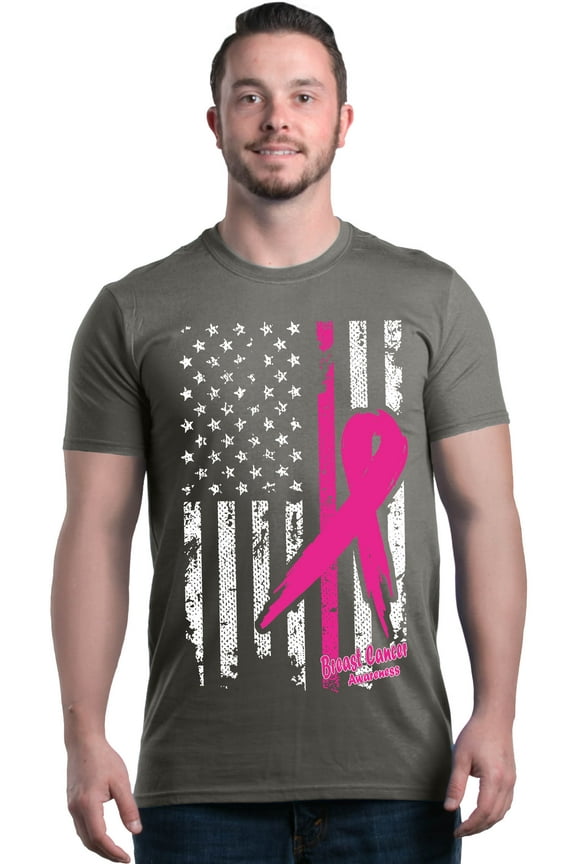 Men's Pink Breast Cancer Ribbon American Flag Graphic T-shirt X-Large Charcoal