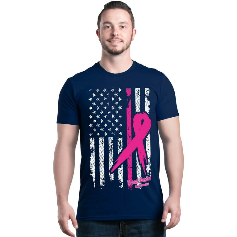 Shop4Ever Men's Pink Breast Cancer Ribbon American Flag Graphic T-shirt  X-Large Navy