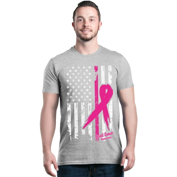 Shop4Ever Men's Pink Breast Cancer Ribbon American Flag Graphic T-shirt X-Large Sports Grey