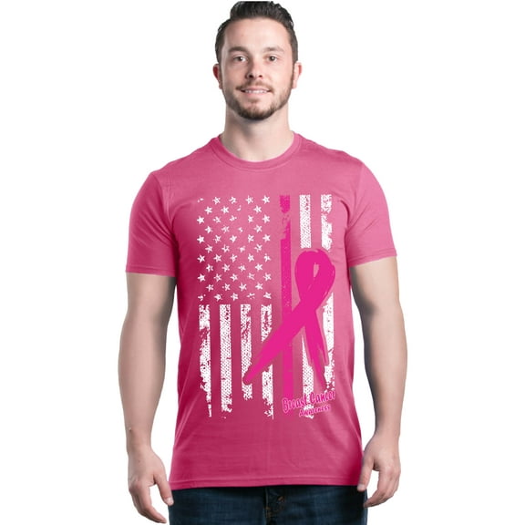 Shop4Ever Men's Pink Breast Cancer Ribbon American Flag Graphic T-shirt XX-Large Azalea Pink
