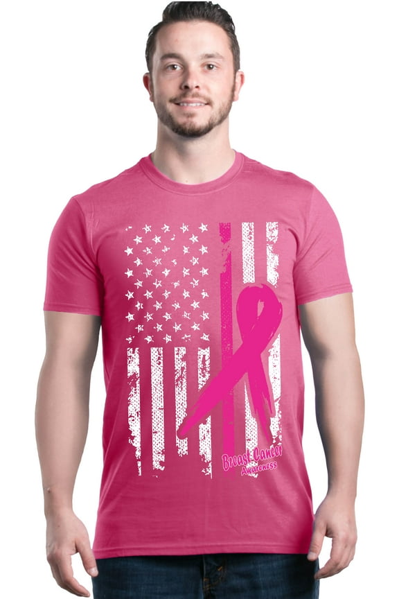 Men's Pink Breast Cancer Ribbon American Flag Graphic T-shirt XX-Large Azalea Pink