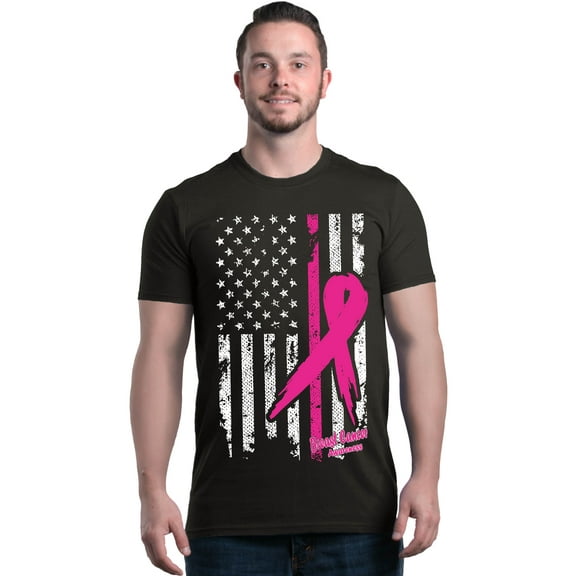 Shop4Ever Men's Pink Breast Cancer Ribbon American Flag Graphic T-shirt XX-Large Black