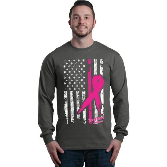 Shop4Ever Men's Pink Breast Cancer Ribbon American Flag Long Sleeve Shirt Large Charcoal