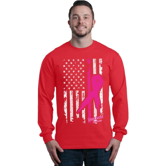 Shop4Ever Men's Pink Breast Cancer Ribbon American Flag Long Sleeve Shirt Large Red