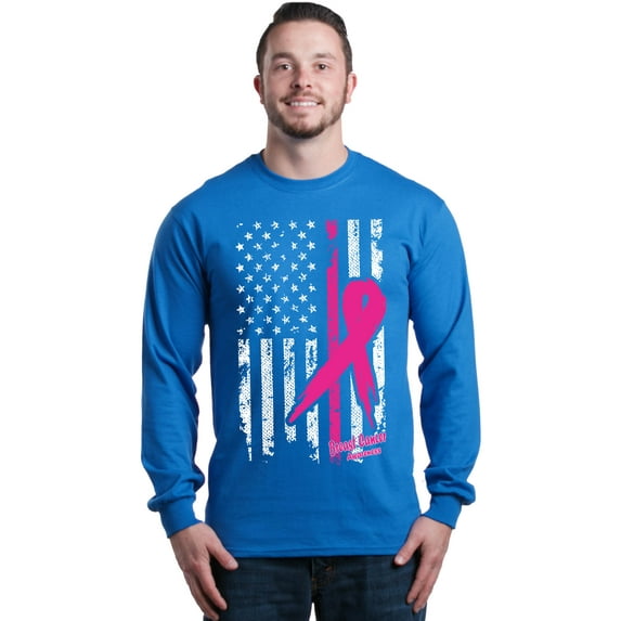 Shop4Ever Men's Pink Breast Cancer Ribbon American Flag Long Sleeve Shirt Small Royal Blue