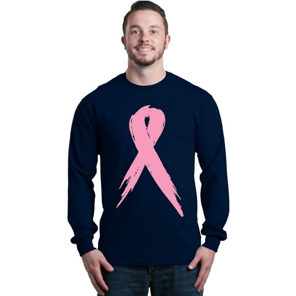 Shop4Ever Men's Pink Breast Cancer Ribbon Awareness Support Long Sleeve Shirt Large Navy