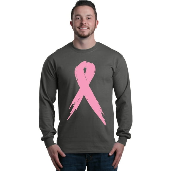 Shop4Ever Men's Pink Breast Cancer Ribbon Awareness Support Long Sleeve Shirt Small Charcoal