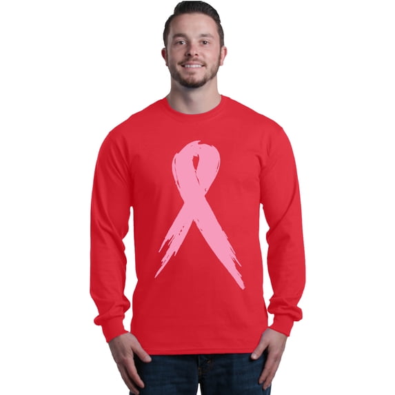 Shop4Ever Men's Pink Breast Cancer Ribbon Awareness Support Long Sleeve Shirt Small Red