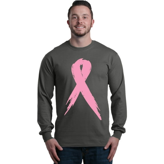 Shop4Ever Men's Pink Breast Cancer Ribbon Awareness Support Long Sleeve Shirt X-Large Charcoal