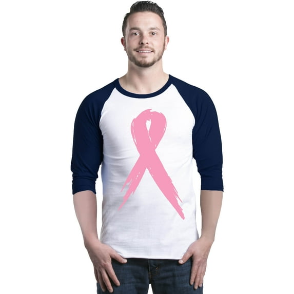 Shop4Ever Men's Pink Breast Cancer Ribbon Awareness Support Raglan Baseball Shirt XXX-LargeWhite/Navy