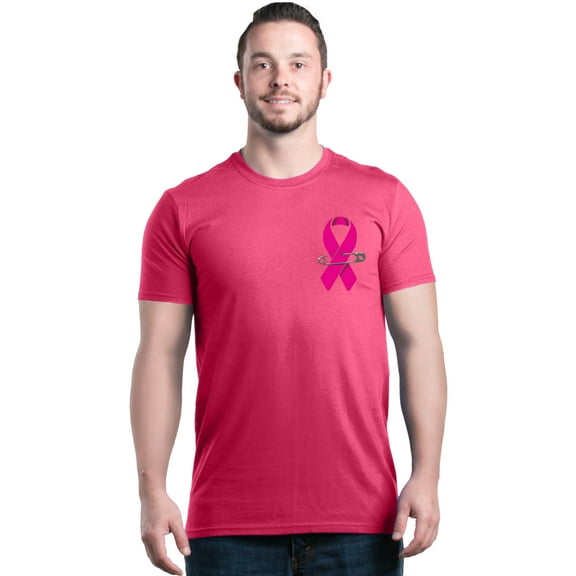 Shop4Ever Men's Pink Breast Cancer Ribbon Pin Breast Cancer Graphic T-shirt Small Heliconia Pink