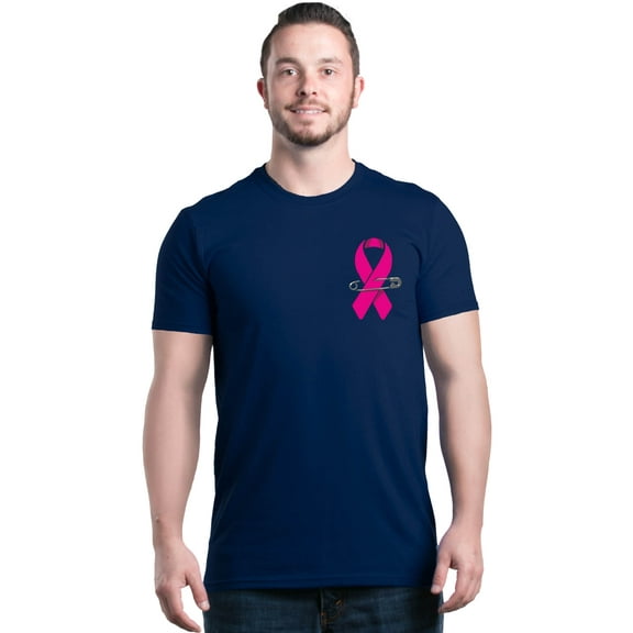 Shop4Ever Men's Pink Breast Cancer Ribbon Pin Breast Cancer Graphic T-shirt X-Large Navy