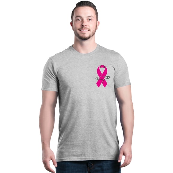 Shop4Ever Men's Pink Breast Cancer Ribbon Pin Breast Cancer Graphic T-shirt X-Large Sports Grey