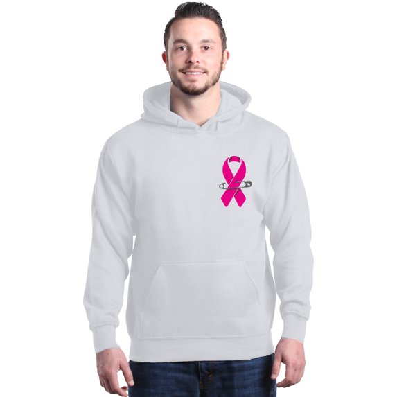 Shop4Ever Men's Pink Breast Cancer Ribbon Pin Breast Cancer Hooded Sweatshirt Hoodie Large White