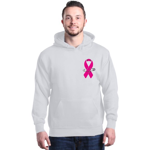 Shop4Ever Men's Pink Breast Cancer Ribbon Pin Breast Cancer Hooded Sweatshirt Hoodie Medium White