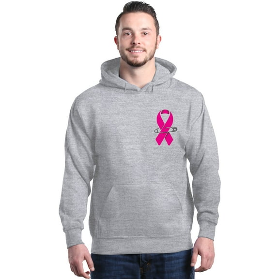 Shop4Ever Men's Pink Breast Cancer Ribbon Pin Breast Cancer Hooded Sweatshirt Hoodie X-Large Sports Grey