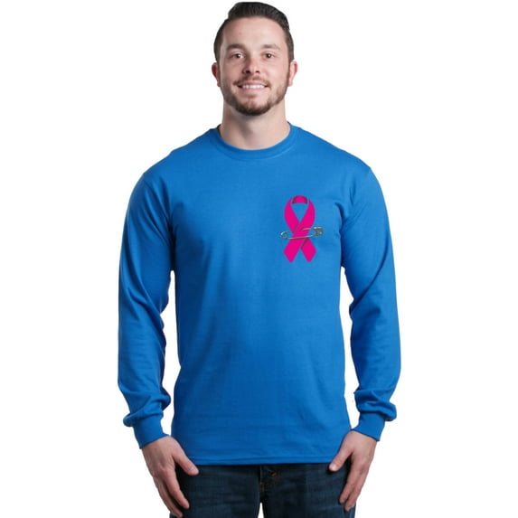 Shop4Ever Men's Pink Breast Cancer Ribbon Pin Breast Cancer Long Sleeve Shirt Medium Royal Blue