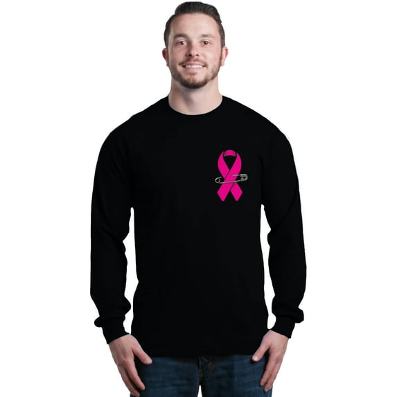 Shop4Ever Men's Pink Breast Cancer Ribbon Pin Breast Cancer Long Sleeve Shirt Small Black