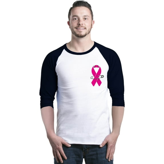 Shop4Ever Men's Pink Breast Cancer Ribbon Pin Breast Cancer Raglan Baseball Shirt Large White/Black