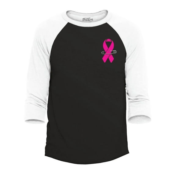 Shop4Ever Men's Pink Breast Cancer Ribbon Pin Breast Cancer Raglan Baseball Shirt Small Black/White