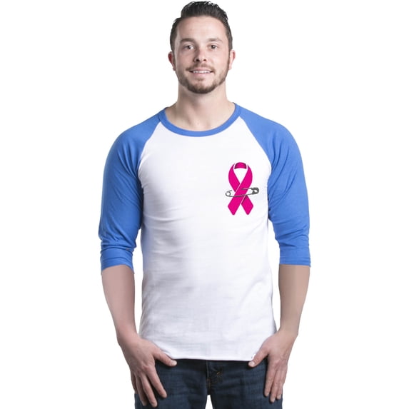 Shop4Ever Men's Pink Breast Cancer Ribbon Pin Breast Cancer Raglan Baseball Shirt Small White/Blue
