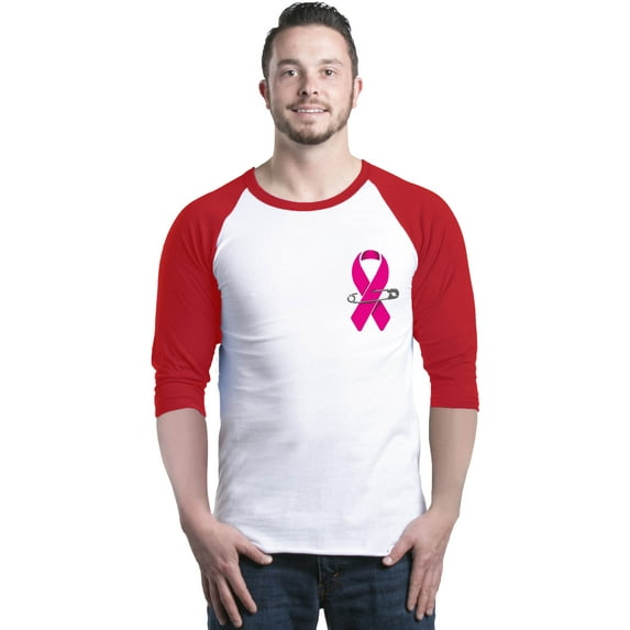 Shop4Ever Men's Pink Breast Cancer Ribbon Pin Breast Cancer Raglan Baseball Shirt X-Large White/Red