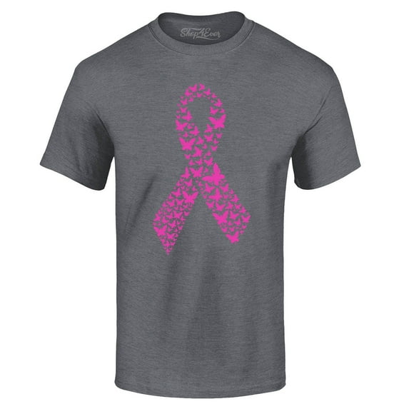 Shop4Ever Men's Pink Butterfly Ribbon Breast Cancer Awareness Graphic T-shirt Large Dark Heather